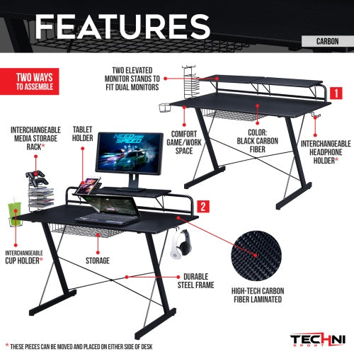 Techni Sport TS-200 Carbon Computer Gaming Desk With Shelving, Black
