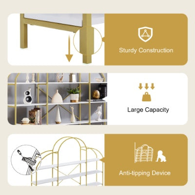 74.8 Inch 5 Tiers Office Bookcase Bookshelf, Display Shelf With Round Top, X Bar Gold Frame