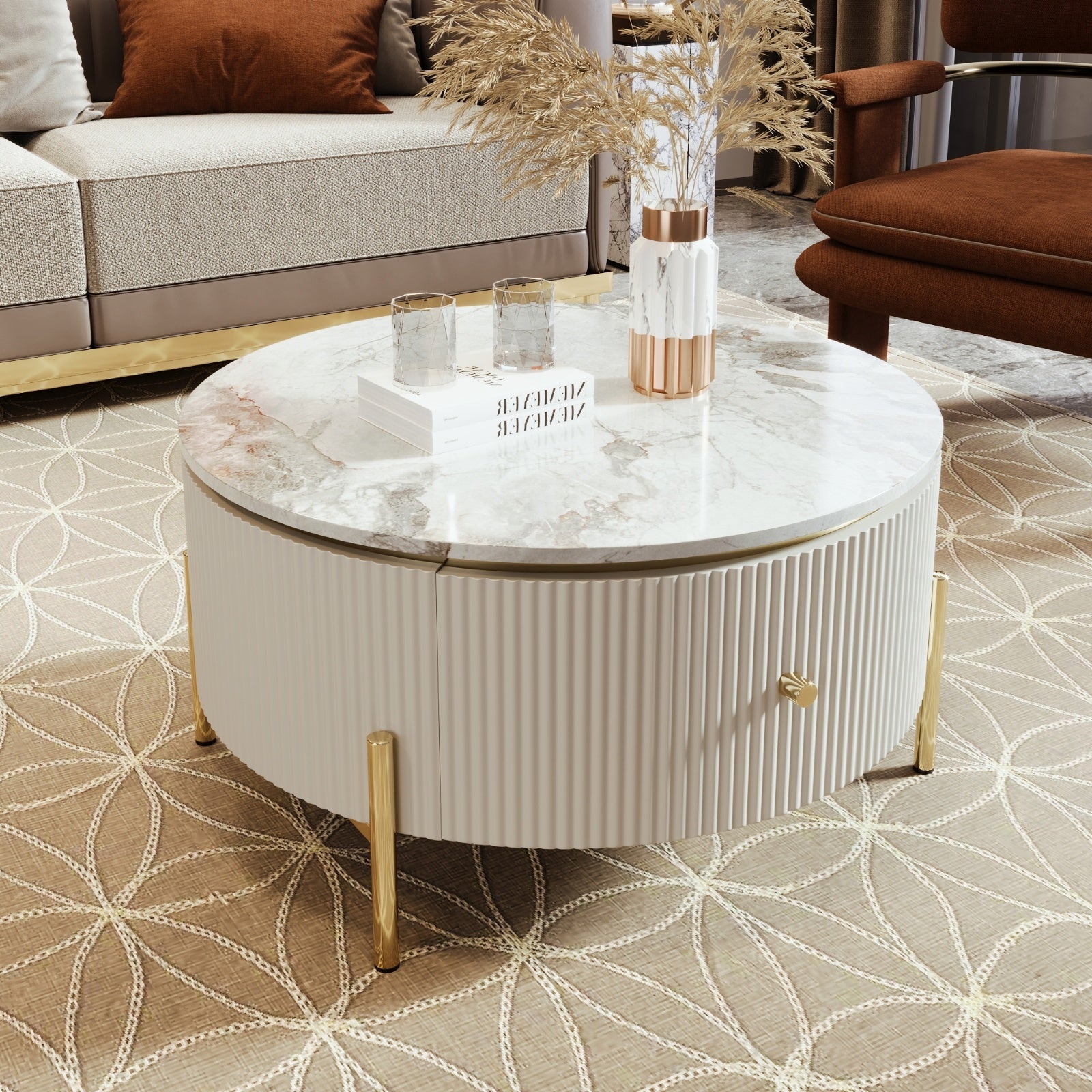 Modern Round Coffee Table With 2 Large Drawers Storage Accent Table  31.5