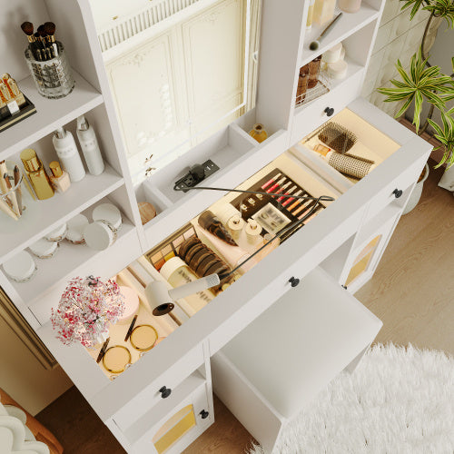 43.2 Vanity Desk With LED Mirror And Lights, Glass Top Vanity With RGB Glass Light Cabinets, Dressing Table With 5 Drawers ,Storage Shelves And Stool For Bedroom, White