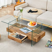 43.3 Inch Modern Two-Tier Coffee Table - Clear Tempered Glass And Natural Wood Grain, Multifunctional Storage Design.The Bottom Tier Includes A Drawer.Can Be Used As A Coffee Table,side Table,etc