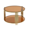 Modern Brown Glass Coffee Table, Asymmetrical Metal, Circular Metal Drum Base, Gold Finish  Lower Shelf