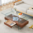 43.3 Inch Modern Two-Tier Coffee Table - Clear Tempered Glass And Natural Wood Grain, Multifunctional Storage Design.The Bottom Tier Includes A Drawer.Can Be Used As A Coffee Table,side Table,etc