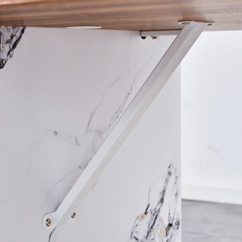 Natural Wood Grain MDF Dining Table   55x31.5 Stable Design.Suitable For Various Modern Home Decor Styles.Splicing Structure Design,Wood Textured Desktop,White Marble Patterned Table Legs