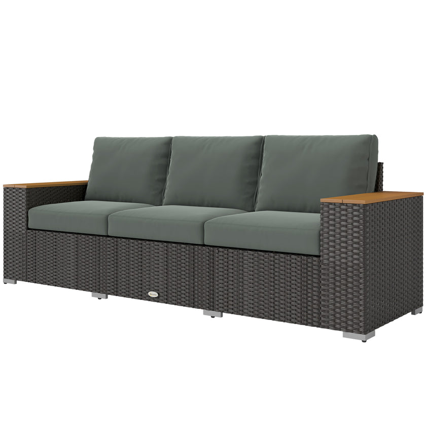 3-Seat Outdoor Patio Sofa With Cushions, PE Rattan Wicker Sofa With Wide Armrests, Outdoor Wicker Couch, Dark Gray