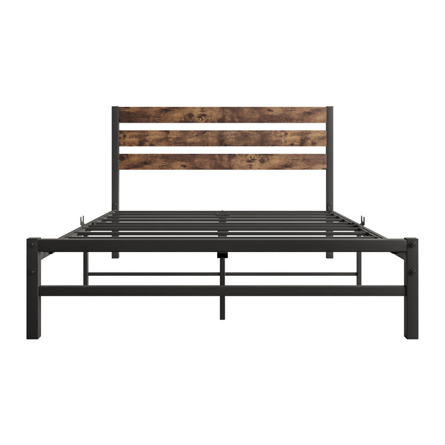 Rustic Vintage Wood Headboard Full Size Platform Bed With Metal Slats Support