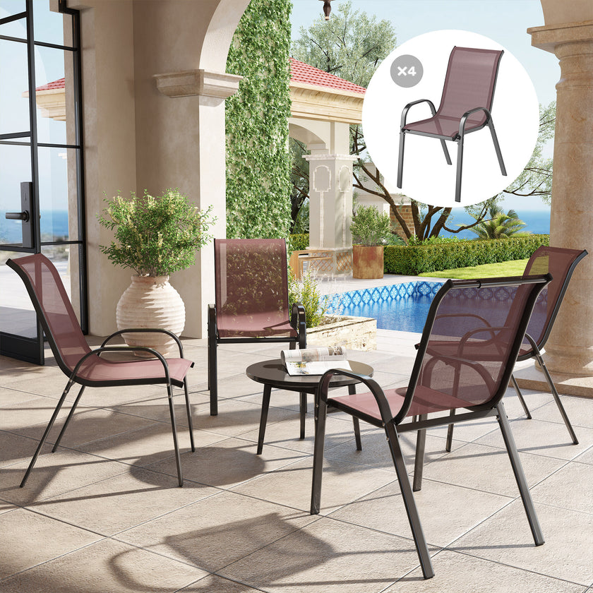 Set Of 4 Outdoor Dining Chairs, Stackable Patio Chairs With High Back, Breathable Mesh Seat For Garden Lawn, Brown