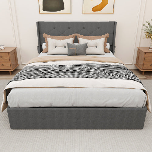Full Size Bed Frame With Gas Lift Storage Bed With Modern Wingback Headboard, USB