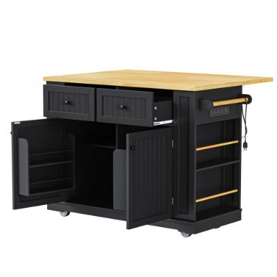 Large Kitchen Island With 2 Bar Stools, Power Outlet, Door Internal Storage Rack, Kitchen Storage Cart On 5 Wheels With Drop Leaf, 5 Open Side Racks, 2 Drawers,for Kitchen,Dining Room