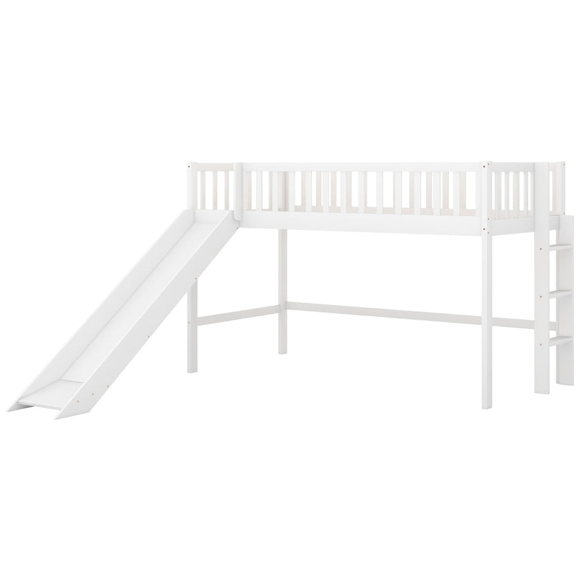 Twin Size Low Loft Bed With Ladder And Slide,White