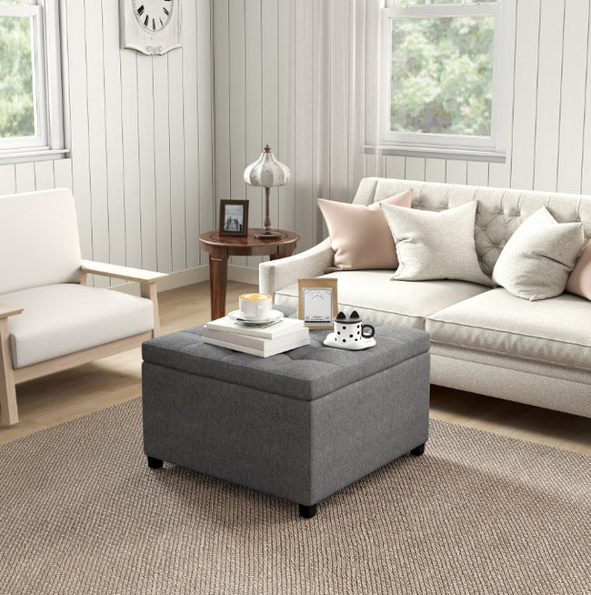 Tufted Storage Ottoman With Lift Top Fabric Metal Hinge Rubberwood Frame Living Room