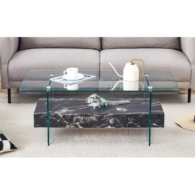 43.3 Inch Modern Two-Tier Coffee Table - Clear Tempered Glass And Black Marble Texture, Multifunctional Storage Design.The Bottom Tier Includes A Drawer.Can Be Used As A Coffee Table,side Table,etc