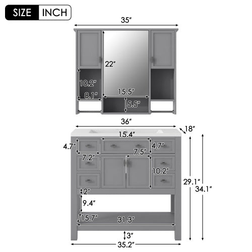 36'' Bathroom Vanity With Top Sink, Modern Mirror Cabinet With Towels Bar, Bathroom Storage Cabinet With 2 Soft Closing Doors And 6 Drawers, Single Sink Bathroom Vanity
