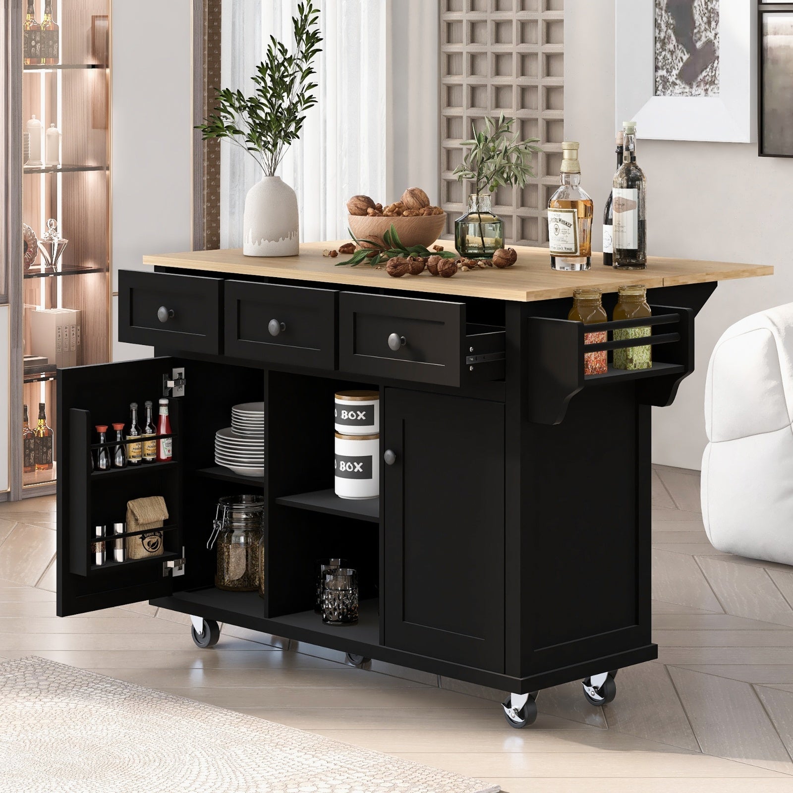 Kitchen Cart With Rubberwood Drop-Leaf Top, Cabinet Door, Storage Racks