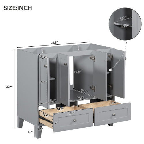 36'' Bathroom Vanity Without Countertop,Solid Wood Frame Bathroom Storage Cabinet Only, Freestanding Vanity With 4 Soft Closing Doors& 2 Drawers