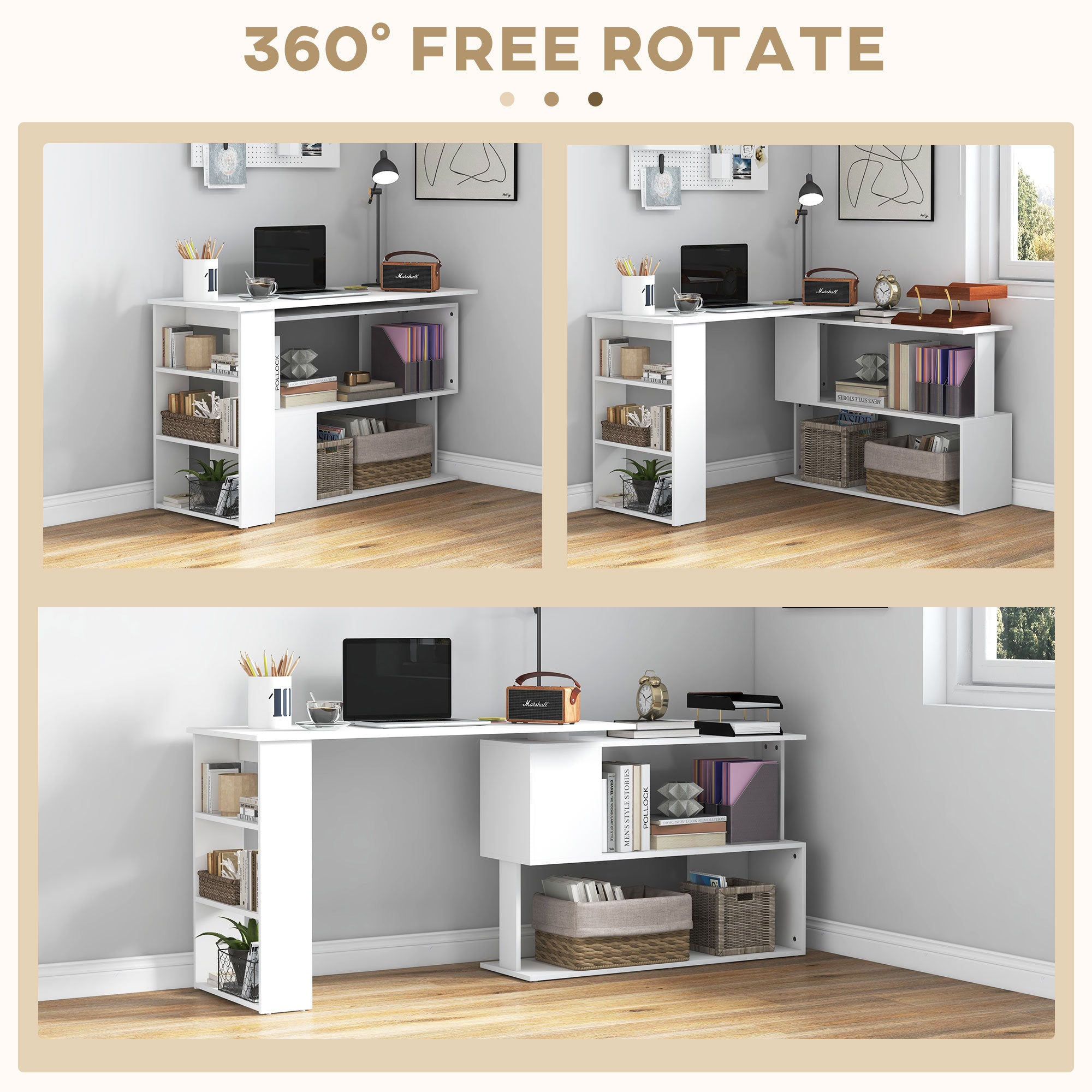 360  Rotating Home Office Desk L Shaped Corner Computer Desk With Storage Shelves, Writing Table Workstation, White