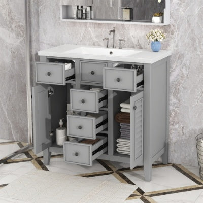 36 Bathroom Vanity With Ceramic Basin, Two Cabinets And Five Drawers, Solid Wood Frame, Grey