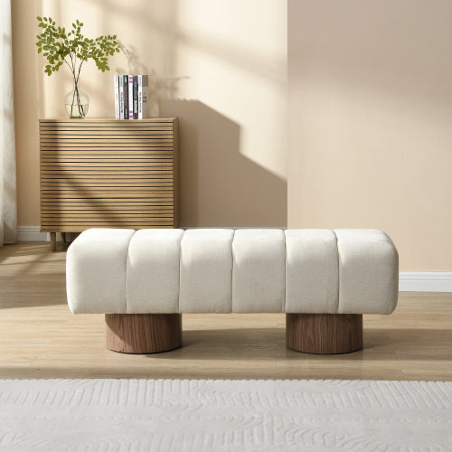 Upholstered Dining Bench For Dining Room, No-Assembly End Of Bed Entryway Bench Ottoman For Bedroom Living Room, Beige Chenille Fabric Stool Top Wood Leg 300 LBS Weight Capacity