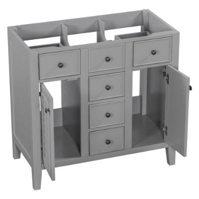 36 Bathroom Vanity Without Sink, Cabinet Base Only, Two Cabinets And Five Drawers, Solid Wood Frame, Grey