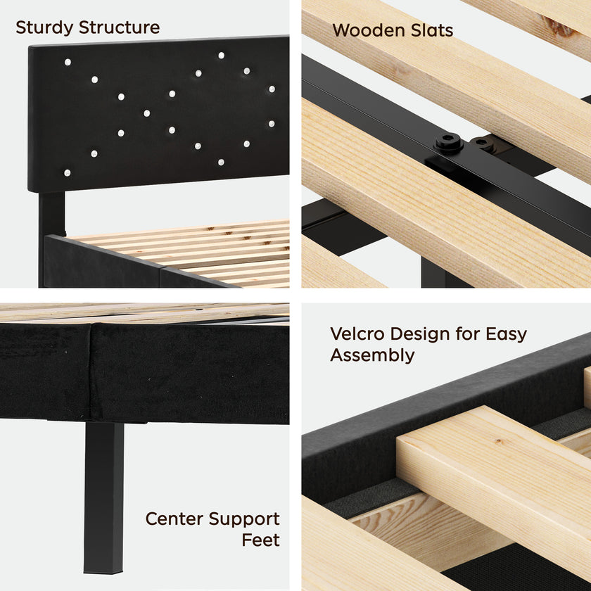 Modern Platform Bed Frame With Upholstered Headboard & Wooden Slats - No Box Spring Needed, Easy Assembly, Black
