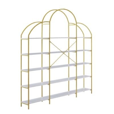 74.8 Inch 5 Tiers Office Bookcase Bookshelf, Display Shelf With Round Top, X Bar Gold Frame