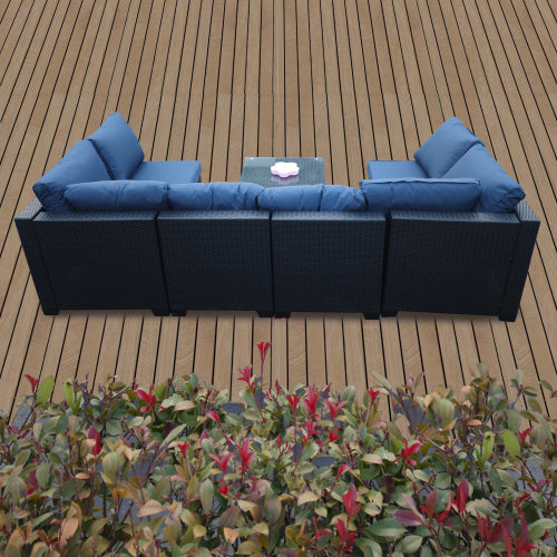 Seven-Piece Sofa Set Table With Sofa Chair Black PE Rattan Outdoor Furniture 7-JH001 Box 3-1-2-3 With Blue Color Cushion
