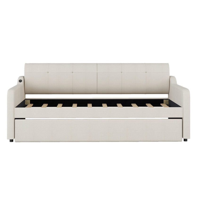 Twin Upholstered Daybed W  Trundle & USB Charging, Adjustable, Beige