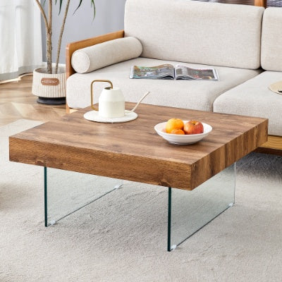 Natural Style Square MDF Coffee Table - 31.5x31.5 With Tempered Glass Legs.Density Board Sticker,Reinforced Glass