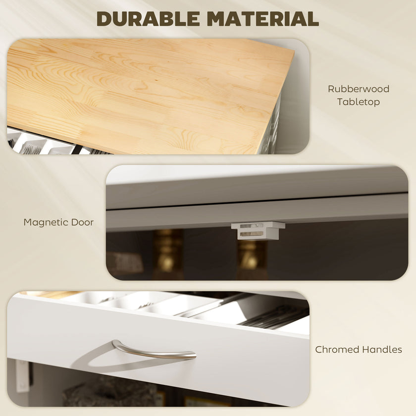 Rolling Kitchen Cart, White, Island With Storage Drawer, 9-Bottle Wine Rack, Door Cabinets, Wooden Countertop