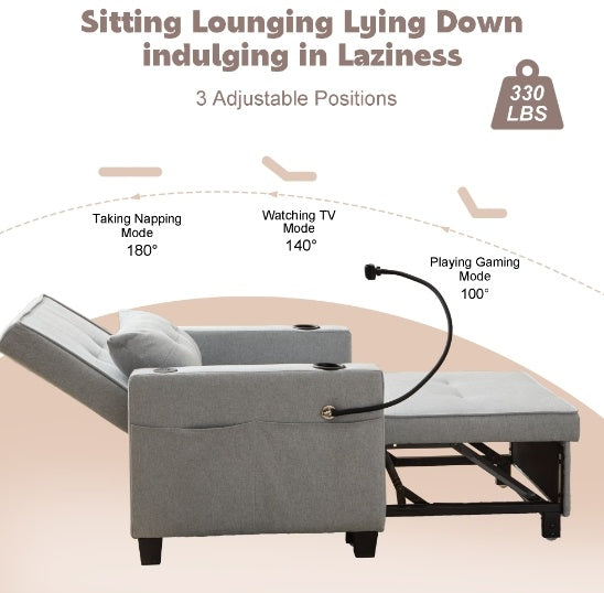 Futon Chair Bed Convertible Chair 3-in-1 Pull Out Sleeper Chair Beds With USB Ports,Wear-resistant And Anti-scratch, Armchair Bed Sleeper For Living Room,Grey.