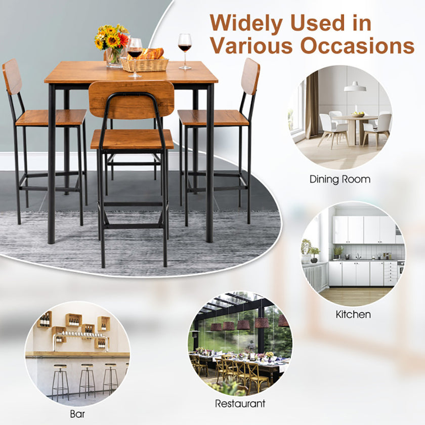 5 Pieces Industrial Dining Table Set With Counter Height Table And 4 Bar Stools