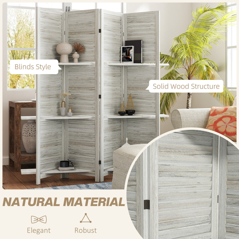 4 Panel 67 Tall Wood Privacy Screen Room Divider With 3 Shelves And Folding Storage For Bedroom, Distressed White