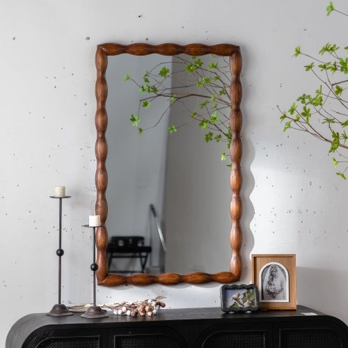Mid-Century Modern Mirror With Solid Wood Frame,Wall-Mounted High-Definition Non-deformable Bedroom Mirror, Living Room Mirror,Brown
