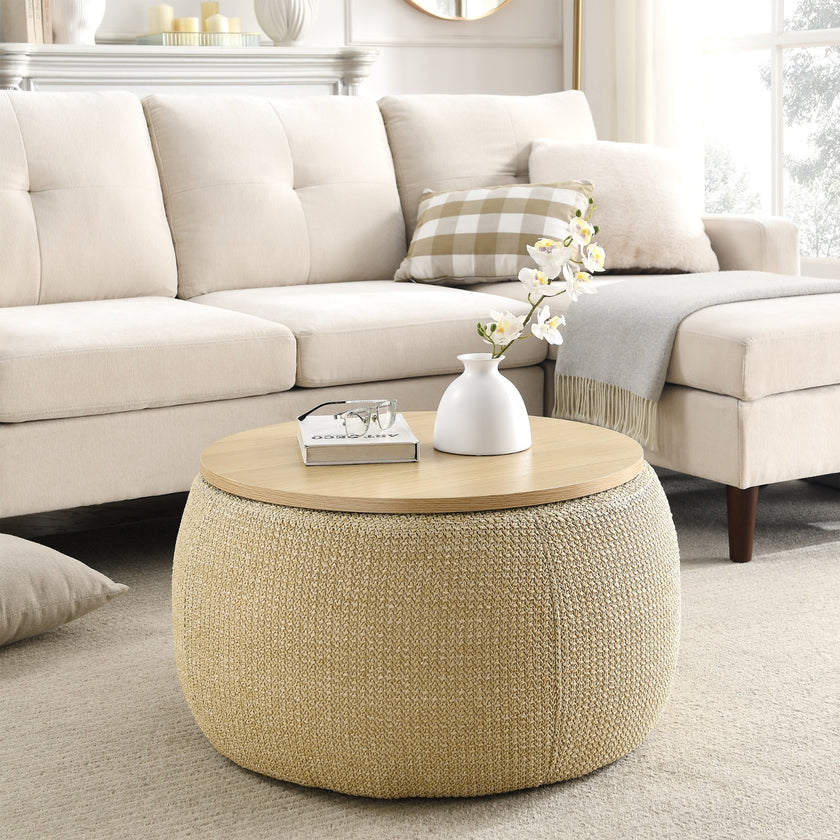 2-in-1 Round Storage Ottoman  End Table, Natural 25.5x25.5x14.5