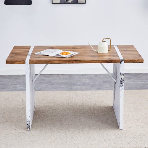 Natural Wood Grain MDF Dining Table   55x31.5 Stable Design.Suitable For Various Modern Home Decor Styles.Splicing Structure Design,Wood Textured Desktop,White Marble Patterned Table Legs