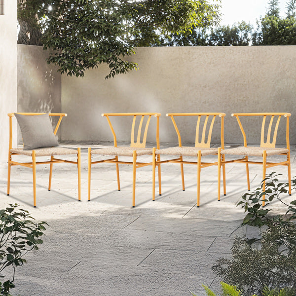 4PCS Weave Dining Chair, Mid-Century Modern Metal Rattan Chair For Kitchen Dining Living Room, Wood Color