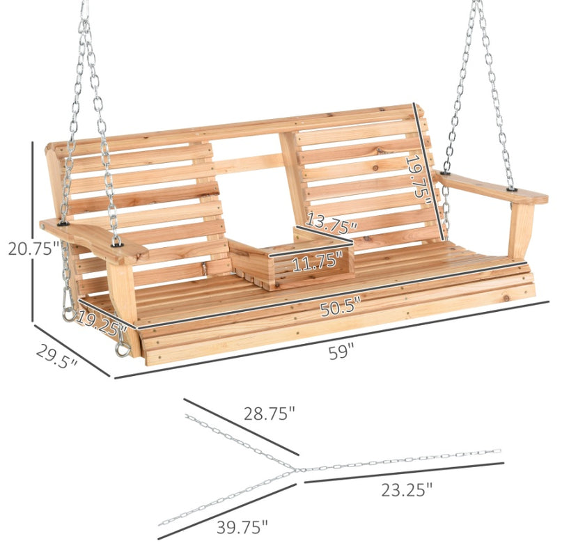 Wooden Swing Bench Heavy Duty Steel Chains 59 W X 29.5 D High Backrest, 440lbs Capacity, Natural