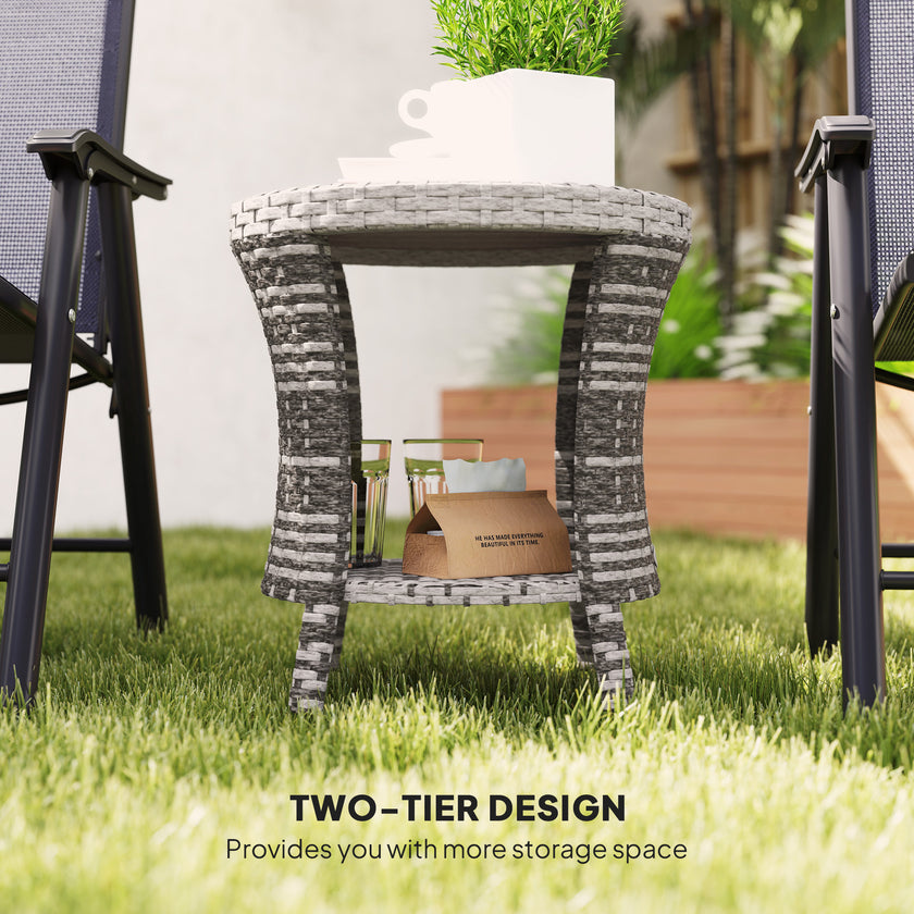 18 Wicker Outdoor Coffee Table, PE Rattan Patio Side Table With 2-Tier Storage, Composite Wood Top, Mixed Gray