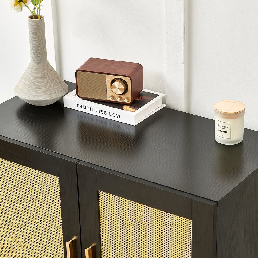 Side Panel Buffet Cabinet With Natural Rattan Door, Rattan Storage Cabinet With Adjustable Shelves,