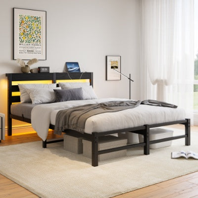 Queen Size Metal Bed Frame With Wooden Headboard, RGB Lights, Charger, Storage Shelf, Noise-Free, No Box Spring Needed, Black