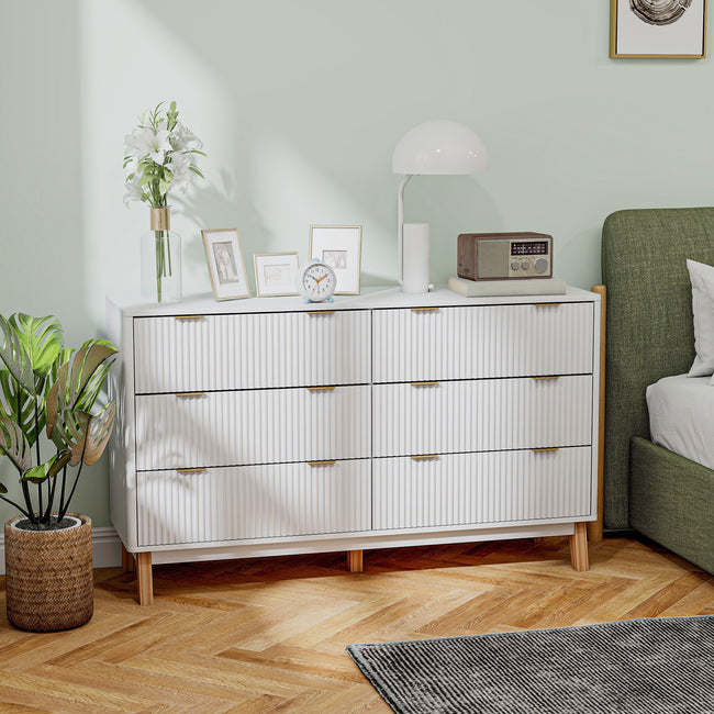 6 Drawer Double Dresser For Bedroom, Fluted Chest Of Drawers With Gold Finger Pulls And 5 Wood Legs, White