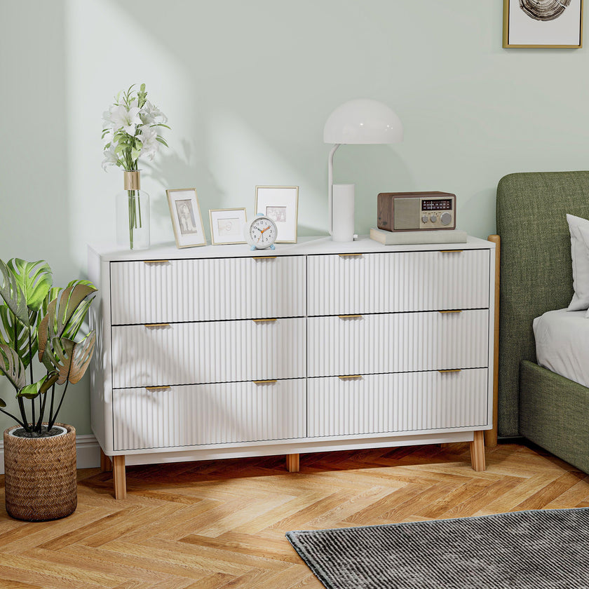 6 Drawer Double Dresser For Bedroom, Fluted Chest Of Drawers With Gold Finger Pulls And 5 Wood Legs, White