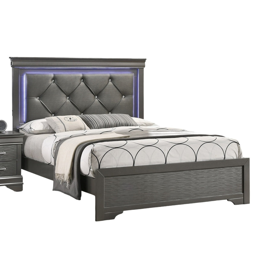 Dark Gray Faux Leather Tufted Headboard 1pc Queen Size Bed W LED Bedroom Furniture Gray Unique Texture FB Solid Wood