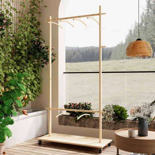 Solid Wood Garment Clothes Rack With 6 Wooden Hangers, Space-Saving Design, Adjustable Shelf, And Wheels For Easy Mobility  Perfect For Bedroom, Living Room, Or Entryway