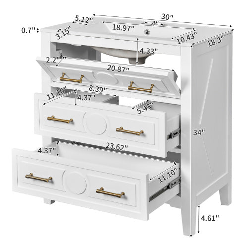 30'' Bathroom Vanity With Ceramic Sink Combo, Free Standing Single Vanity Set With 3 Drawers, Solid Wood Frame Bathroom Storage Cabinet, White
