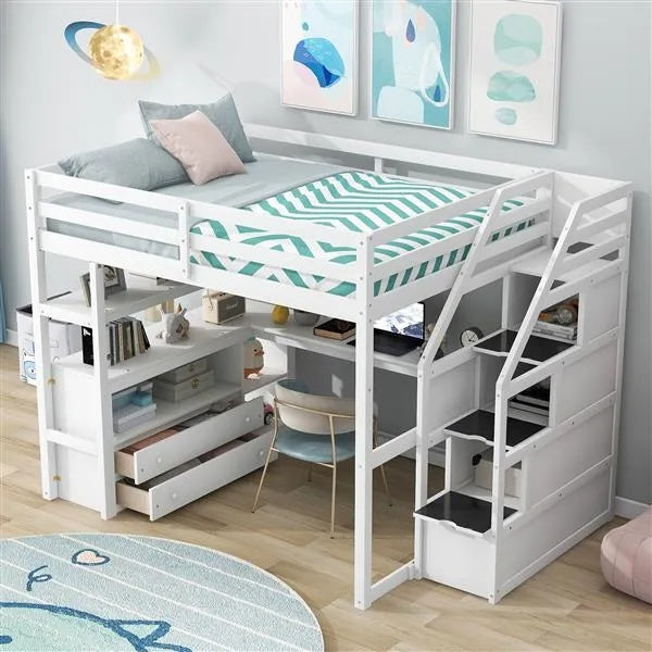 Full Size Loft Bed With Desk And Shelves, Two Built-in Drawers, Storage Staircase, White