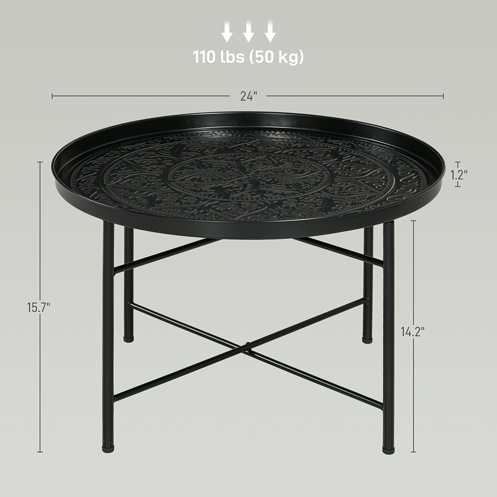 Coffee Table For Living Room, 24inch Round Center Table With Hammered Tray Top And Metal Frame For Bedroom, Black