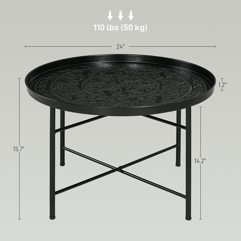 Coffee Table For Living Room, 24inch Round Center Table With Hammered Tray Top And Metal Frame For Bedroom, Black