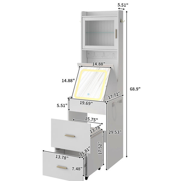 White Hemp Faced Particleboard With Triamine 2 Pull 1 Door 1 Flip LED 3 Tone Light Touch Mirror Dressing Table Set
