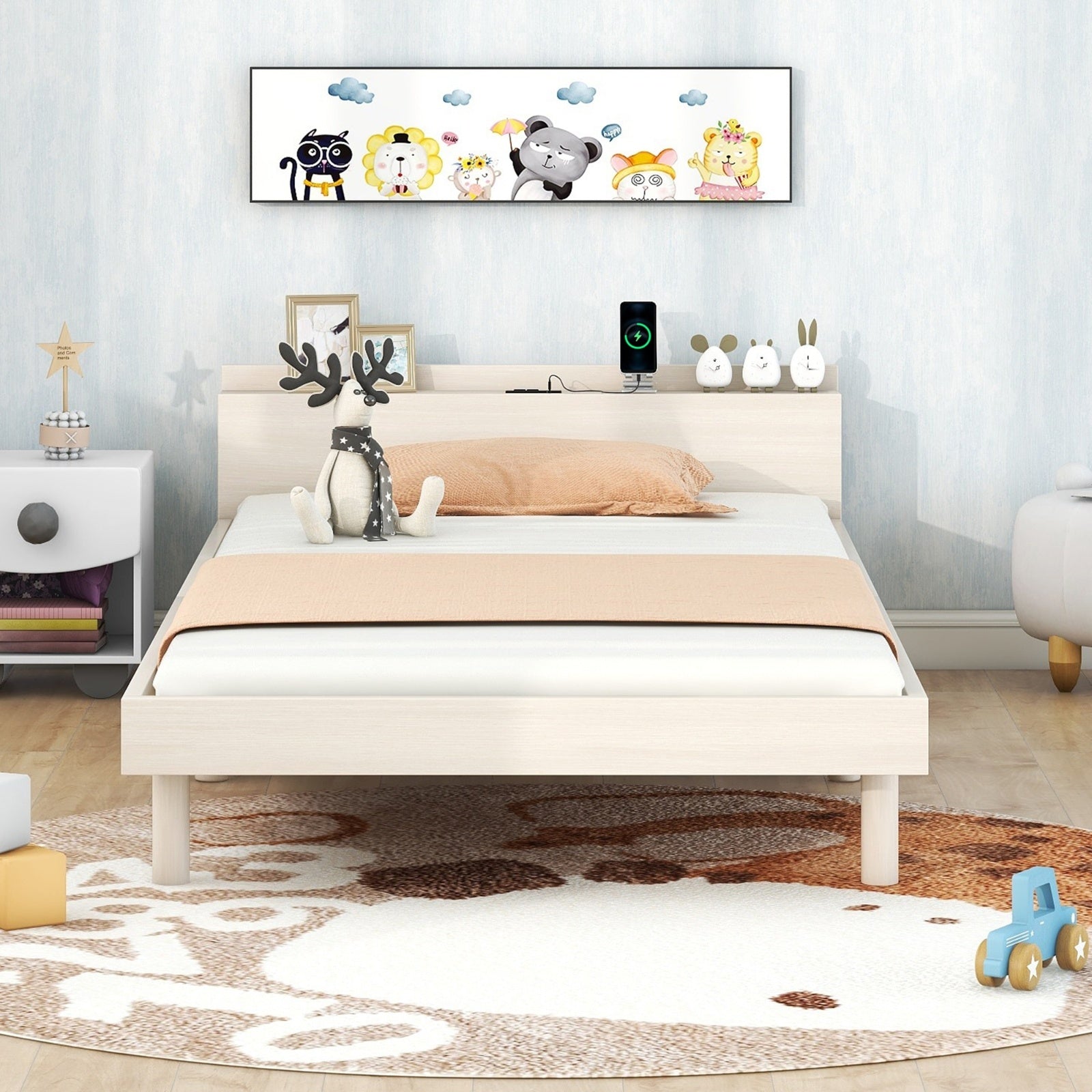 Modern Twin Platform Bed Frame With USB Ports, White Washed Color
